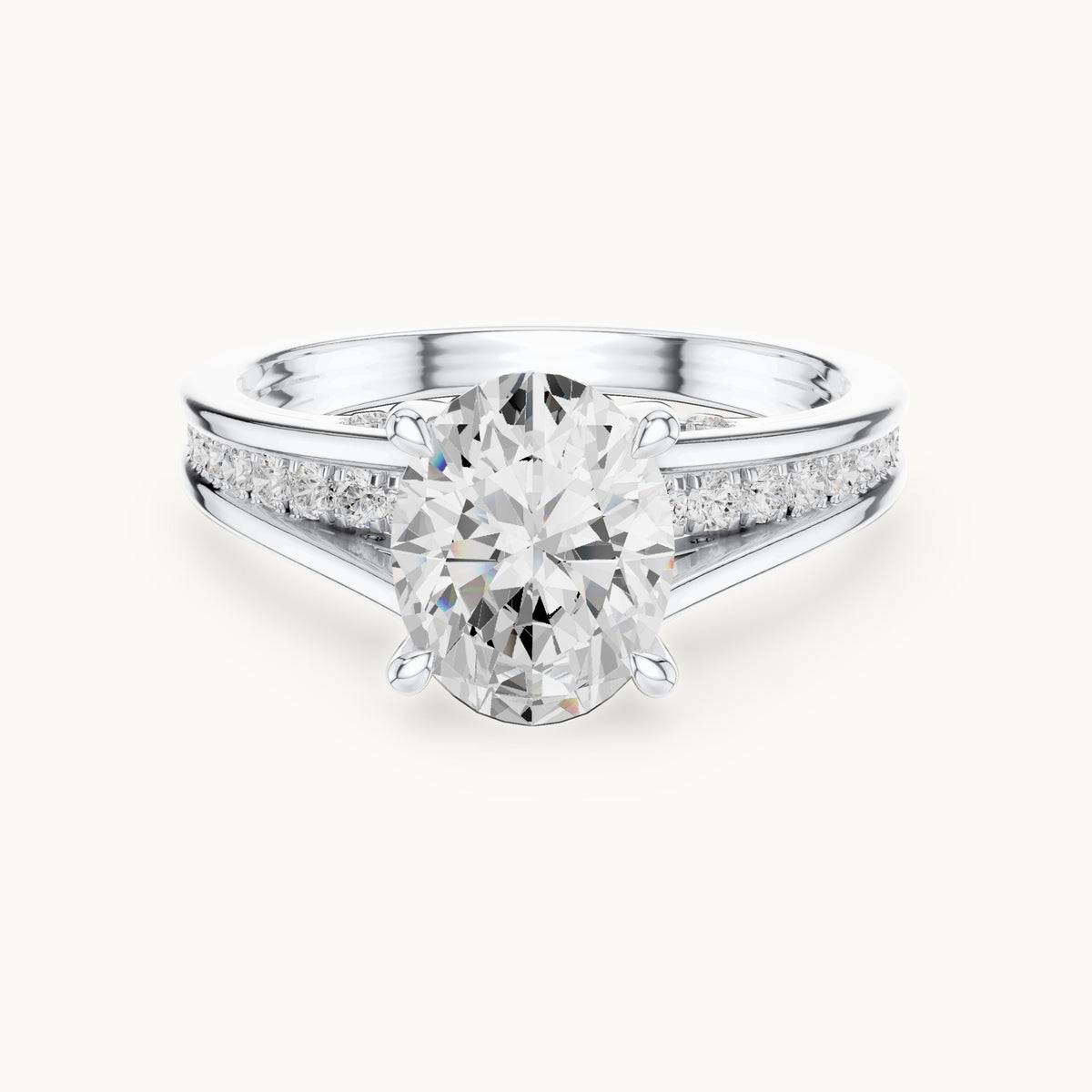 Oval and round lab-grown diamond cathedral split shank pavé engagement ring in white gold, 1.962 CT TW, view 4
