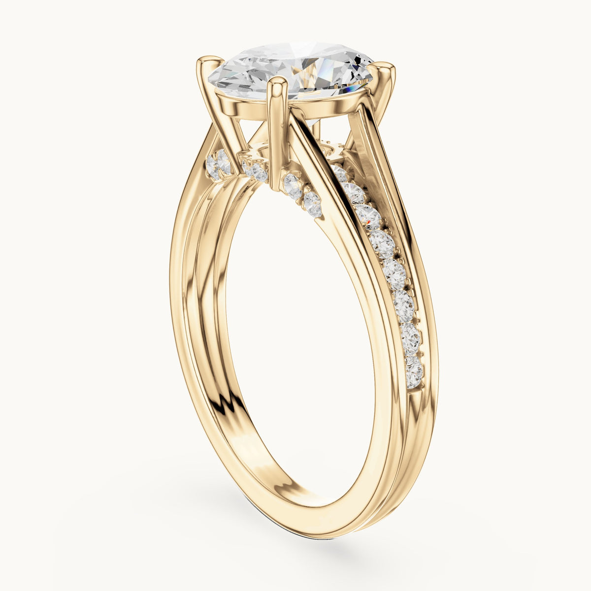 Oval and round lab-grown diamond cathedral split shank pavé engagement ring in yellow gold, 1.962 CT TW, view 1