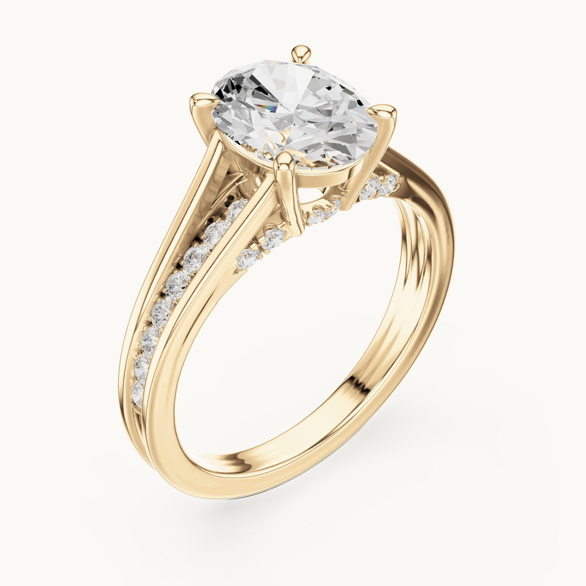 Oval and round lab-grown diamond cathedral split shank pavé engagement ring in yellow gold, 1.962 CT TW, view 2