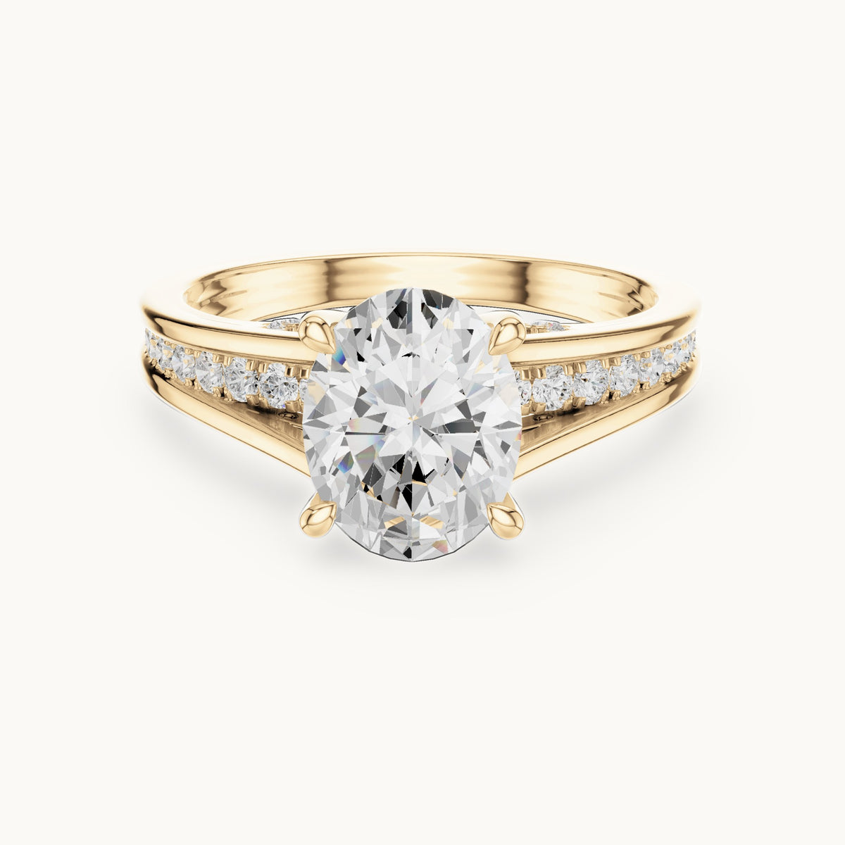 Oval and round lab-grown diamond cathedral split shank pavé engagement ring in yellow gold, 1.962 CT TW, view 4