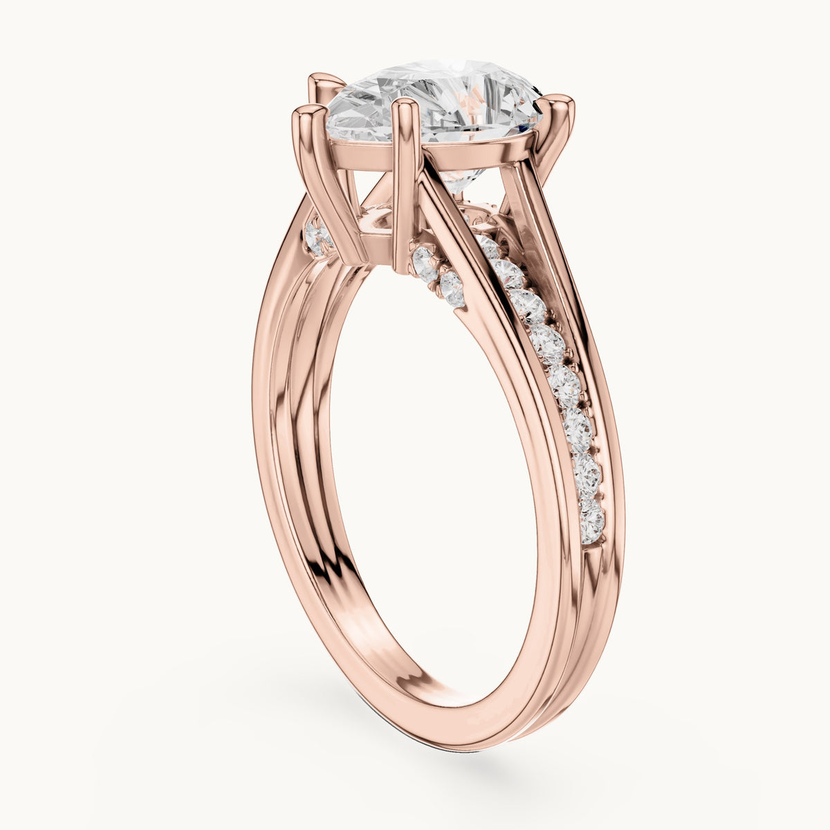 Pear and round lab-grown diamond cathedral split shank pavé engagement ring in rose gold, 1.907 CT TW, view 1