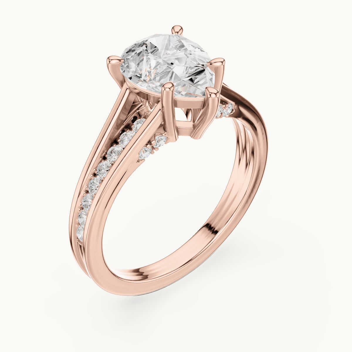 Pear and round lab-grown diamond cathedral split shank pavé engagement ring in rose gold, 1.907 CT TW, view 2