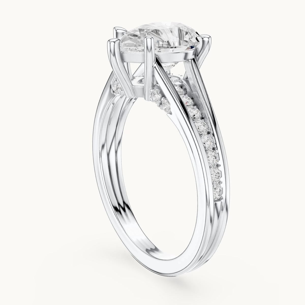 Pear and round lab-grown diamond cathedral split shank pavé engagement ring in white gold, 1.907 CT TW, view 1