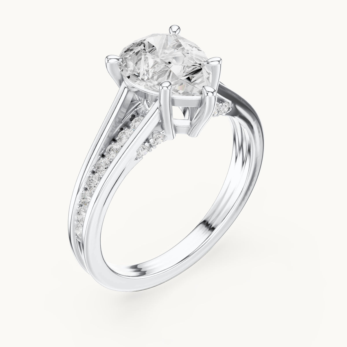 Pear and round lab-grown diamond cathedral split shank pavé engagement ring in white gold, 1.907 CT TW, view 2