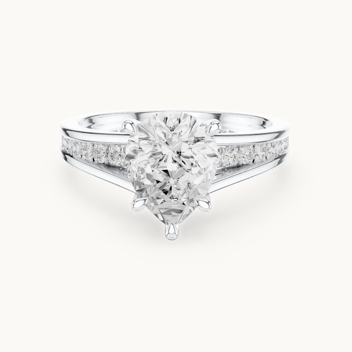Pear and round lab-grown diamond cathedral split shank pavé engagement ring in white gold, 1.907 CT TW, view 4