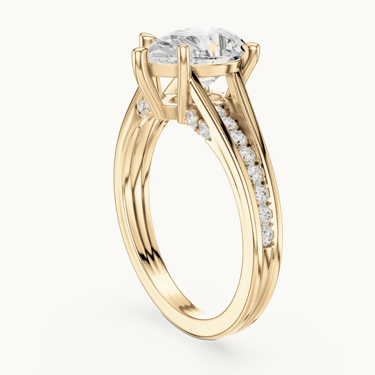 Pear and round lab-grown diamond cathedral split shank pavé engagement ring in yellow gold, 1.907 CT TW, view 1