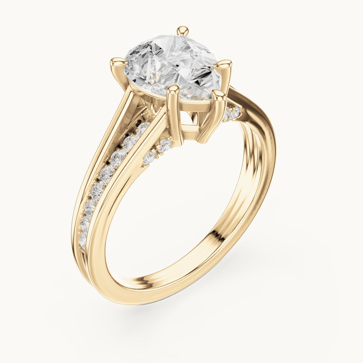 Pear and round lab-grown diamond cathedral split shank pavé engagement ring in yellow gold, 1.907 CT TW, view 2