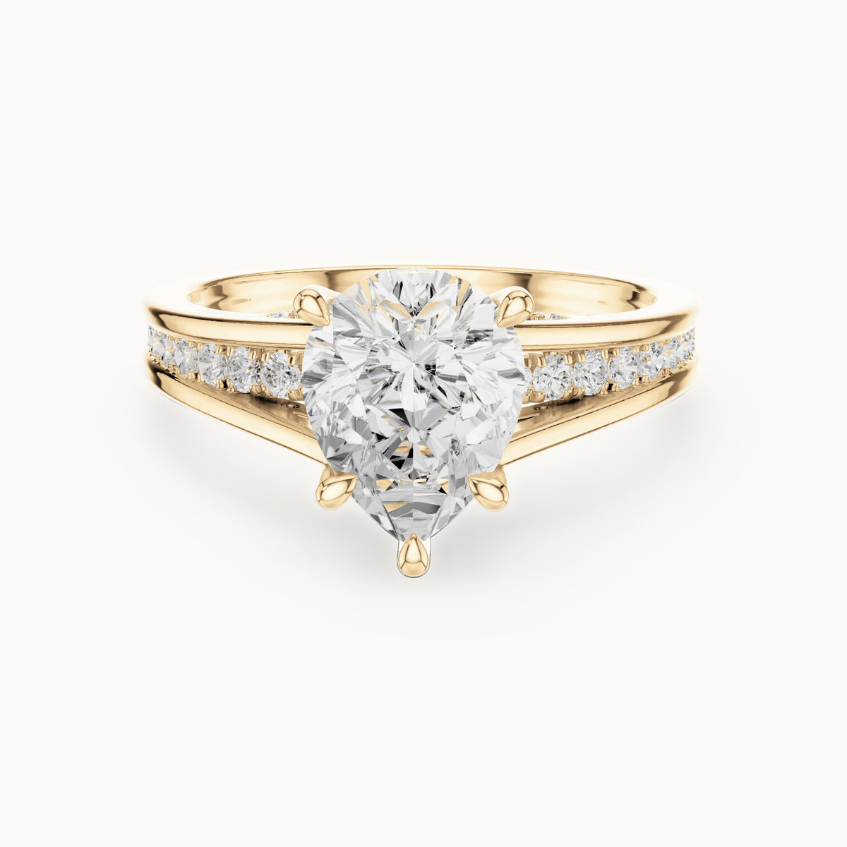Pear and round lab-grown diamond cathedral split shank pavé engagement ring in yellow gold, 1.907 CT TW, view 4