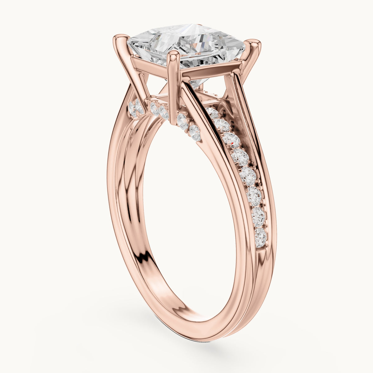 Princess-cut and round lab-grown diamond split shank channel-set engagement ring in rose gold, 2.446 CT TW, view 1
