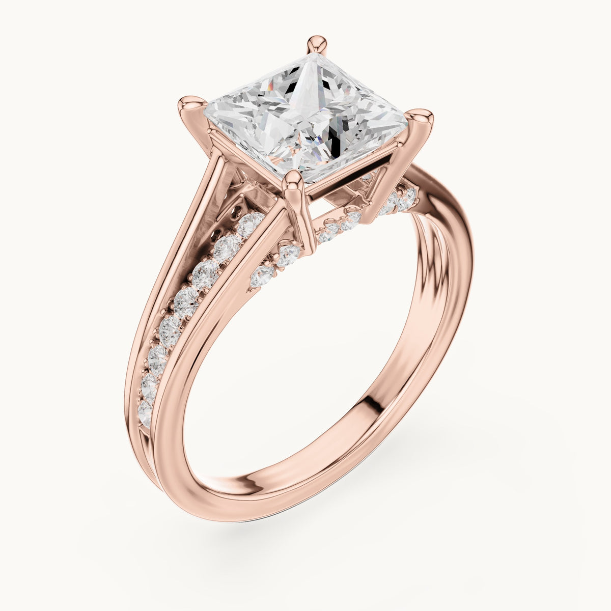 Princess-cut and round lab-grown diamond split shank channel-set engagement ring in rose gold, 2.446 CT TW, view 2