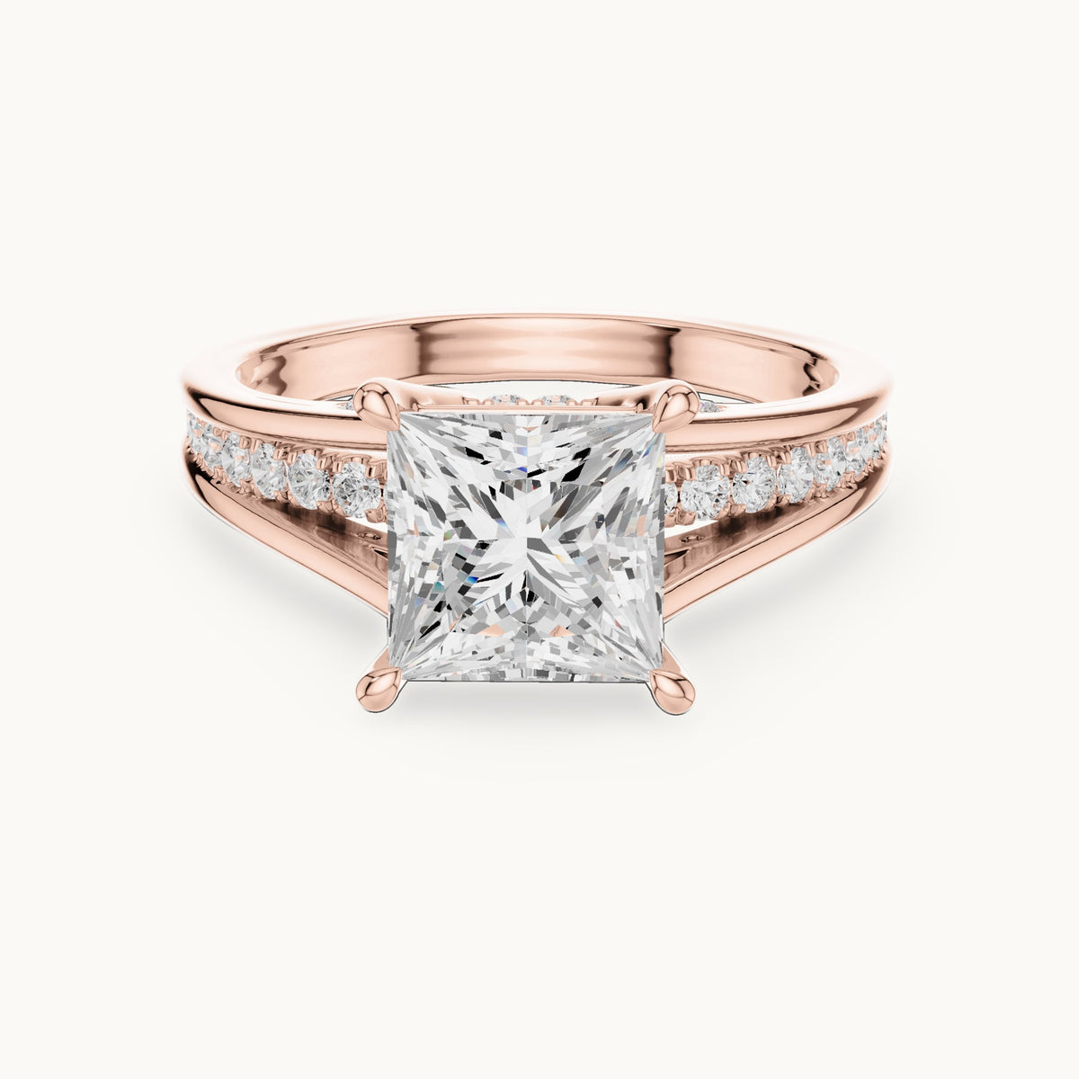 Princess-cut and round lab-grown diamond split shank channel-set engagement ring in rose gold, 2.446 CT TW, view 4