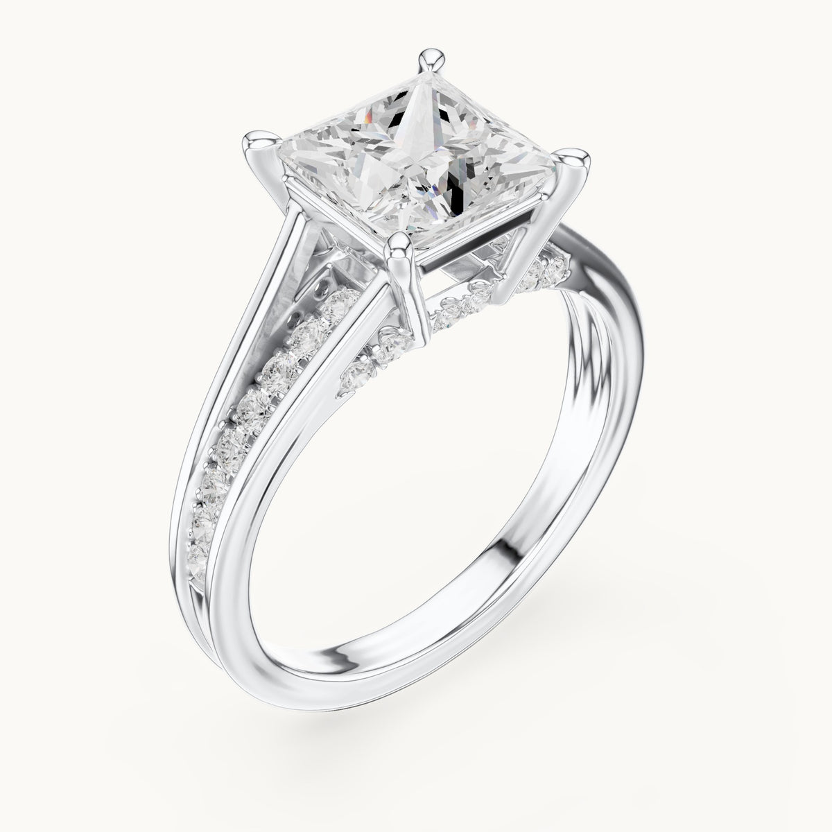 Princess-cut and round lab-grown diamond split shank channel-set engagement ring in white gold, 2.446 CT TW, view 2