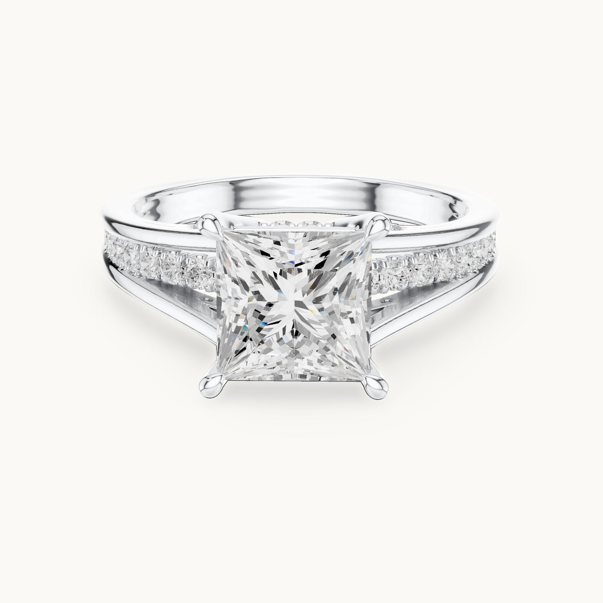 Princess-cut and round lab-grown diamond split shank channel-set engagement ring in white gold, 2.446 CT TW, view 4