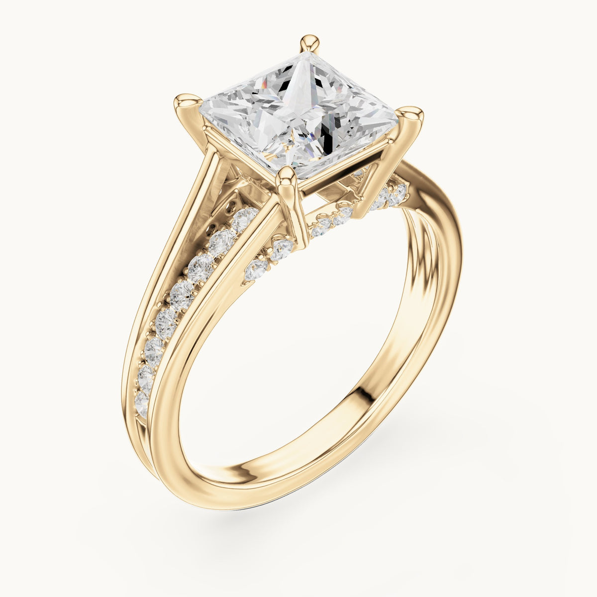Princess-cut and round lab-grown diamond split shank channel-set engagement ring in yellow gold, 2.446 CT TW, view 2