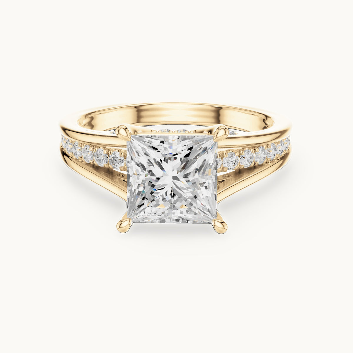 Princess-cut and round lab-grown diamond split shank channel-set engagement ring in yellow gold, 2.446 CT TW, view 4