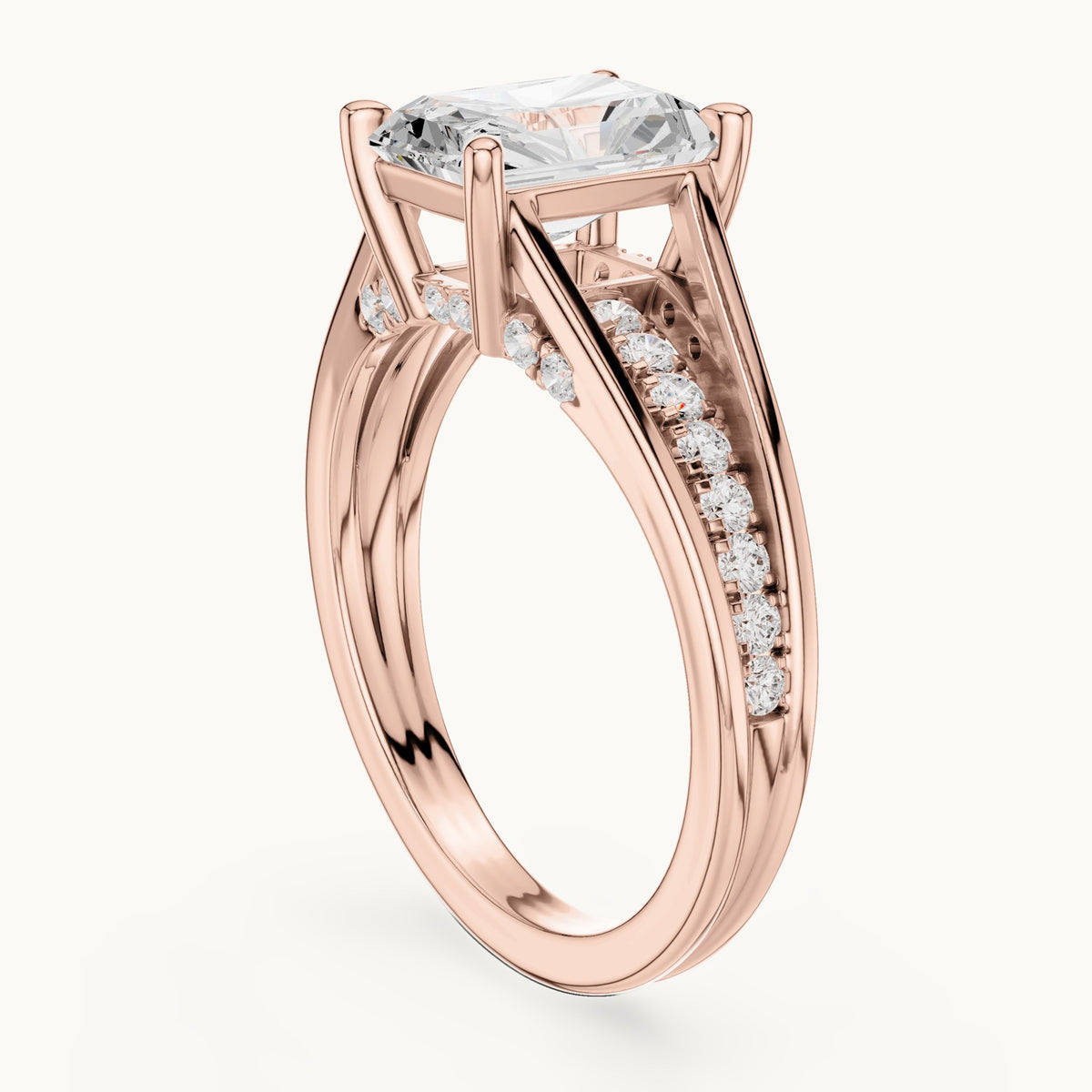 Radiant-cut and round lab-grown diamond split shank channel-set engagement ring in rose gold, 2.276 CT TW, view 1