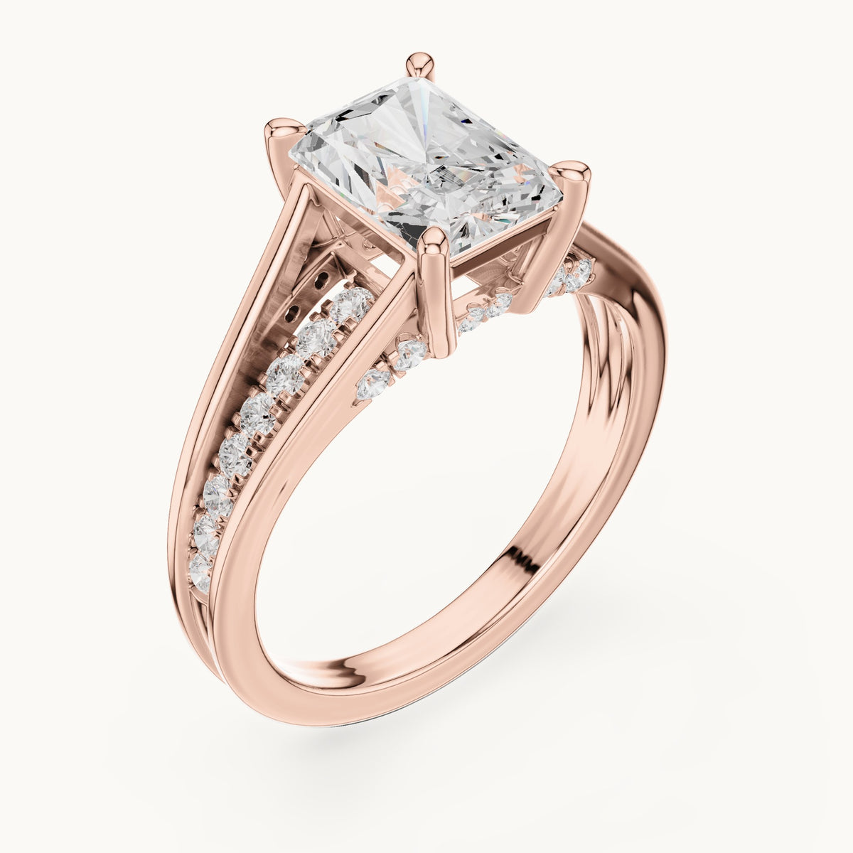 Radiant-cut and round lab-grown diamond split shank channel-set engagement ring in rose gold, 2.276 CT TW, view 2