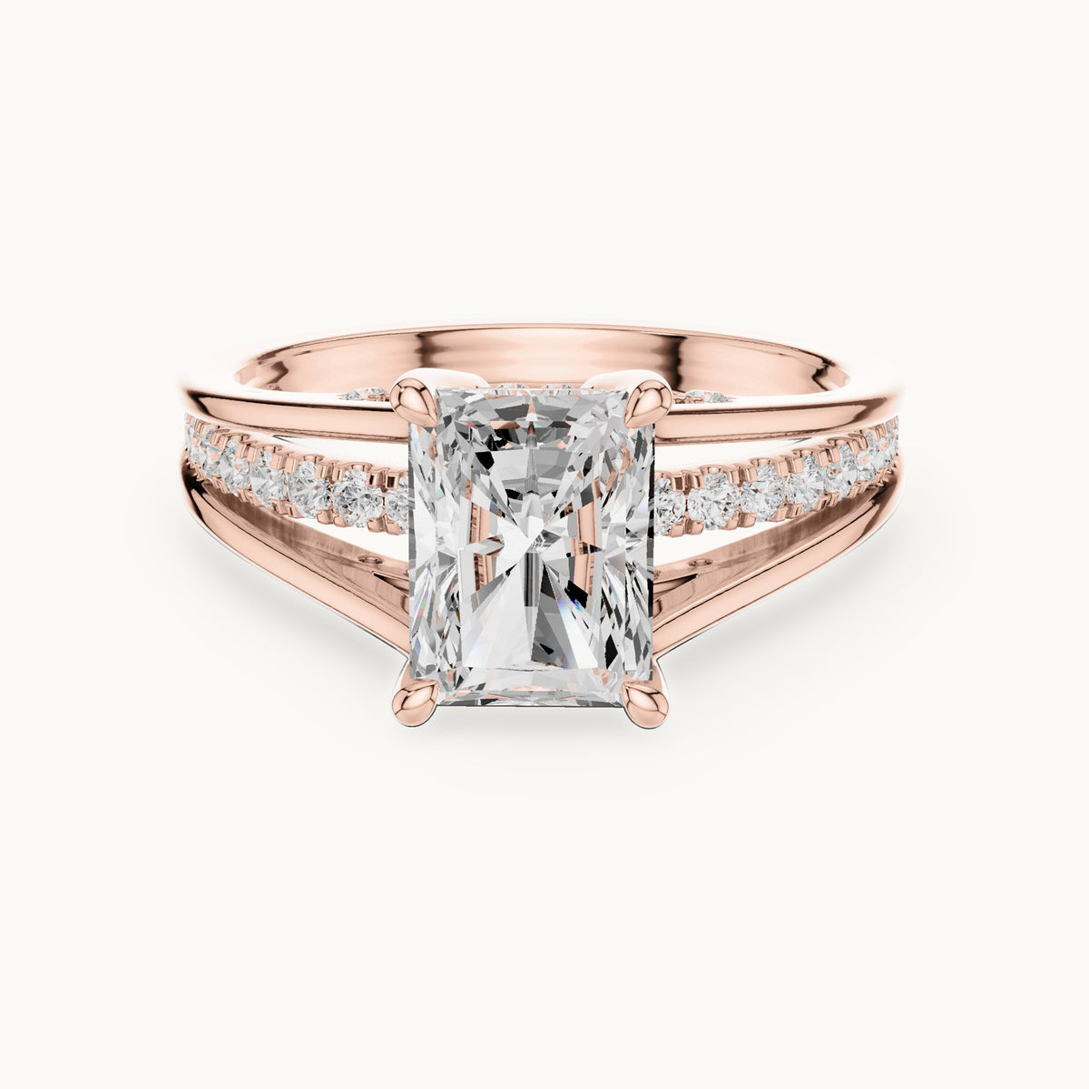 Radiant-cut and round lab-grown diamond split shank channel-set engagement ring in rose gold, 2.276 CT TW, view 4