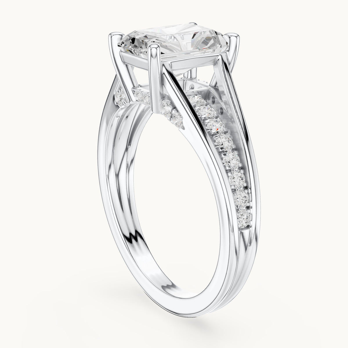 Radiant-cut and round lab-grown diamond split shank channel-set engagement ring in white gold, 2.276 CT TW, view 1