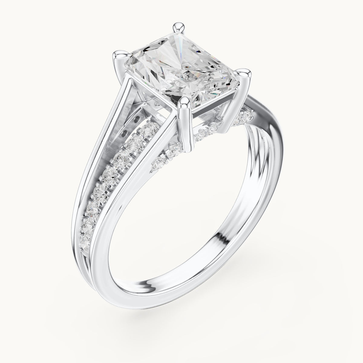 Radiant-cut and round lab-grown diamond split shank channel-set engagement ring in white gold, 2.276 CT TW, view 2