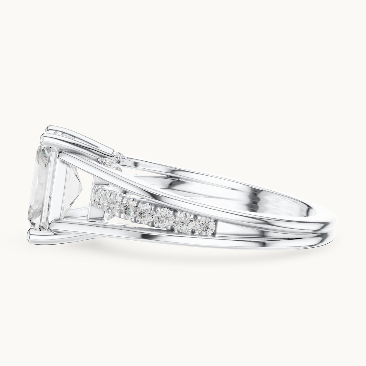Radiant-cut and round lab-grown diamond split shank channel-set engagement ring in white gold, 2.276 CT TW, view 3