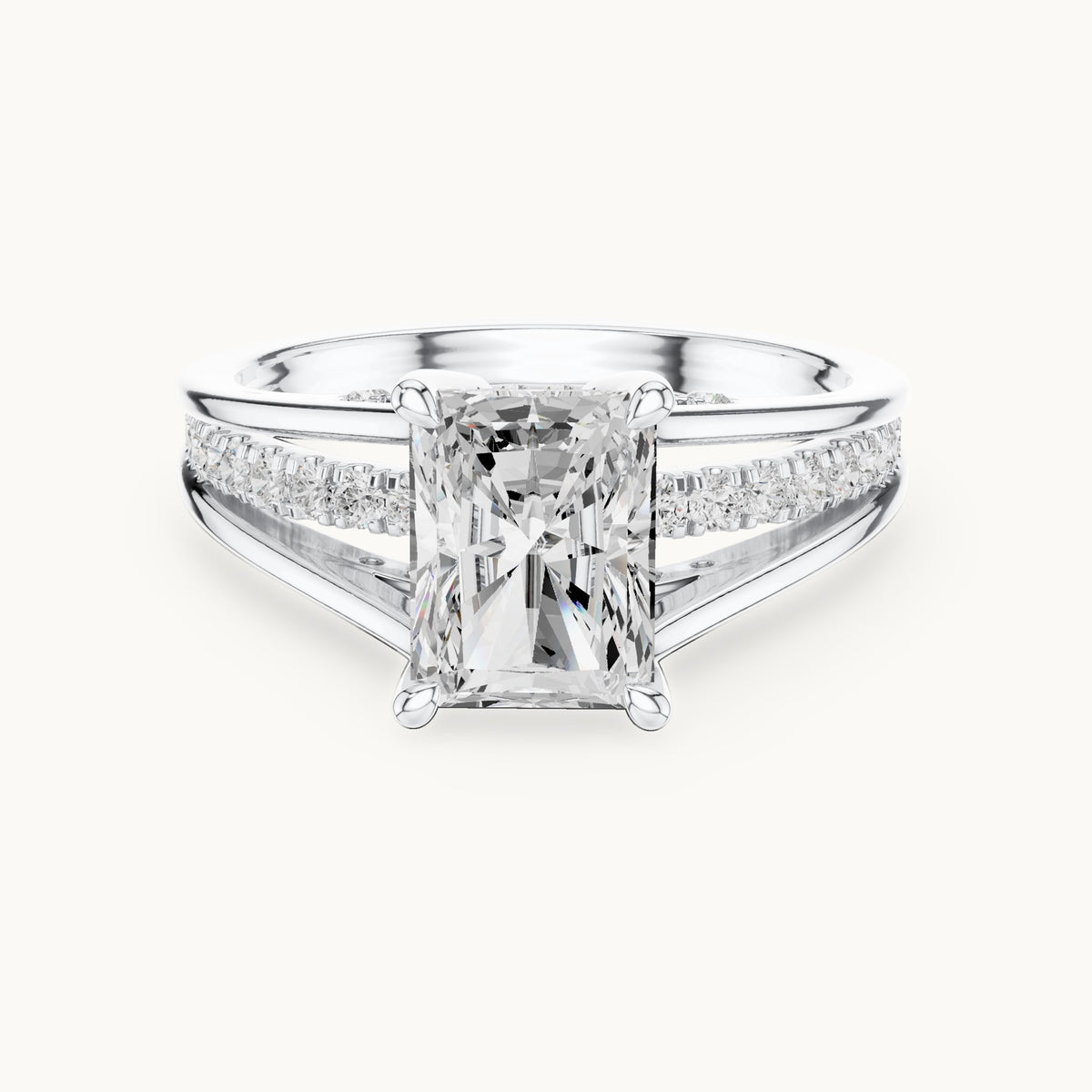 Radiant-cut and round lab-grown diamond split shank channel-set engagement ring in white gold, 2.276 CT TW, view 4
