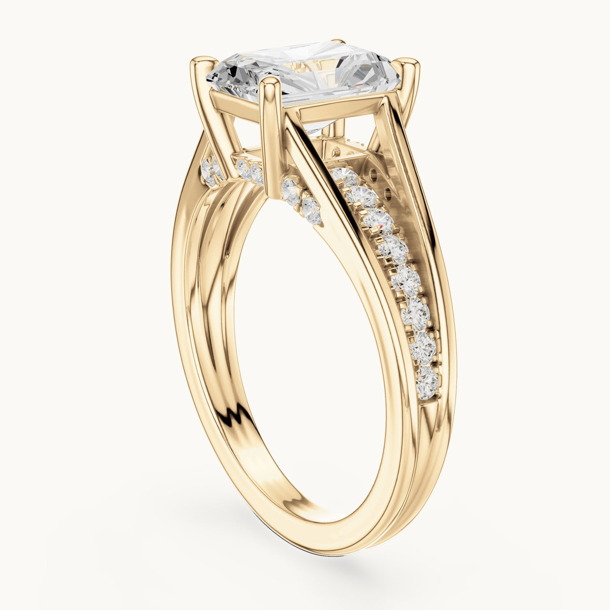 Radiant-cut and round lab-grown diamond split shank channel-set engagement ring in yellow gold, 2.276 CT TW, view 1