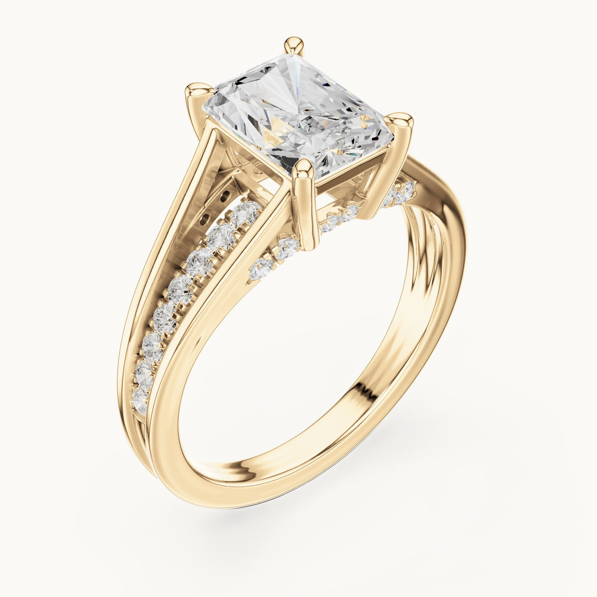 Radiant-cut and round lab-grown diamond split shank channel-set engagement ring in yellow gold, 2.276 CT TW, view 2