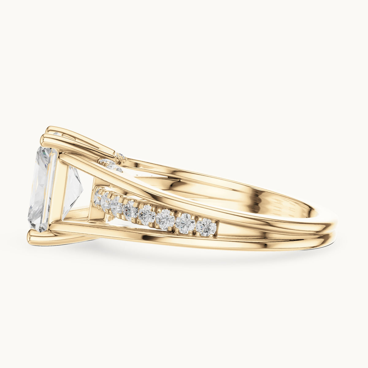 Radiant-cut and round lab-grown diamond split shank channel-set engagement ring in yellow gold, 2.276 CT TW, view 3