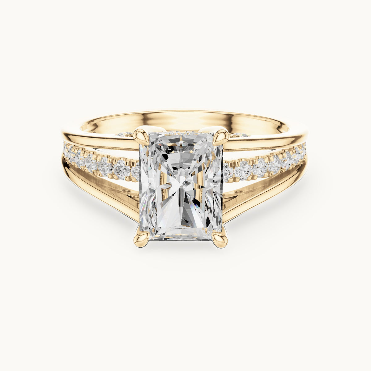 Radiant-cut and round lab-grown diamond split shank channel-set engagement ring in yellow gold, 2.276 CT TW, view 4