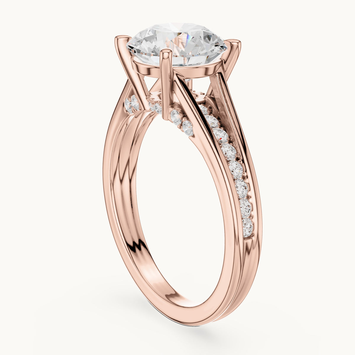 Round lab-grown diamond split shank channel-set engagement ring in rose gold, 2.292 CT TW, view 1