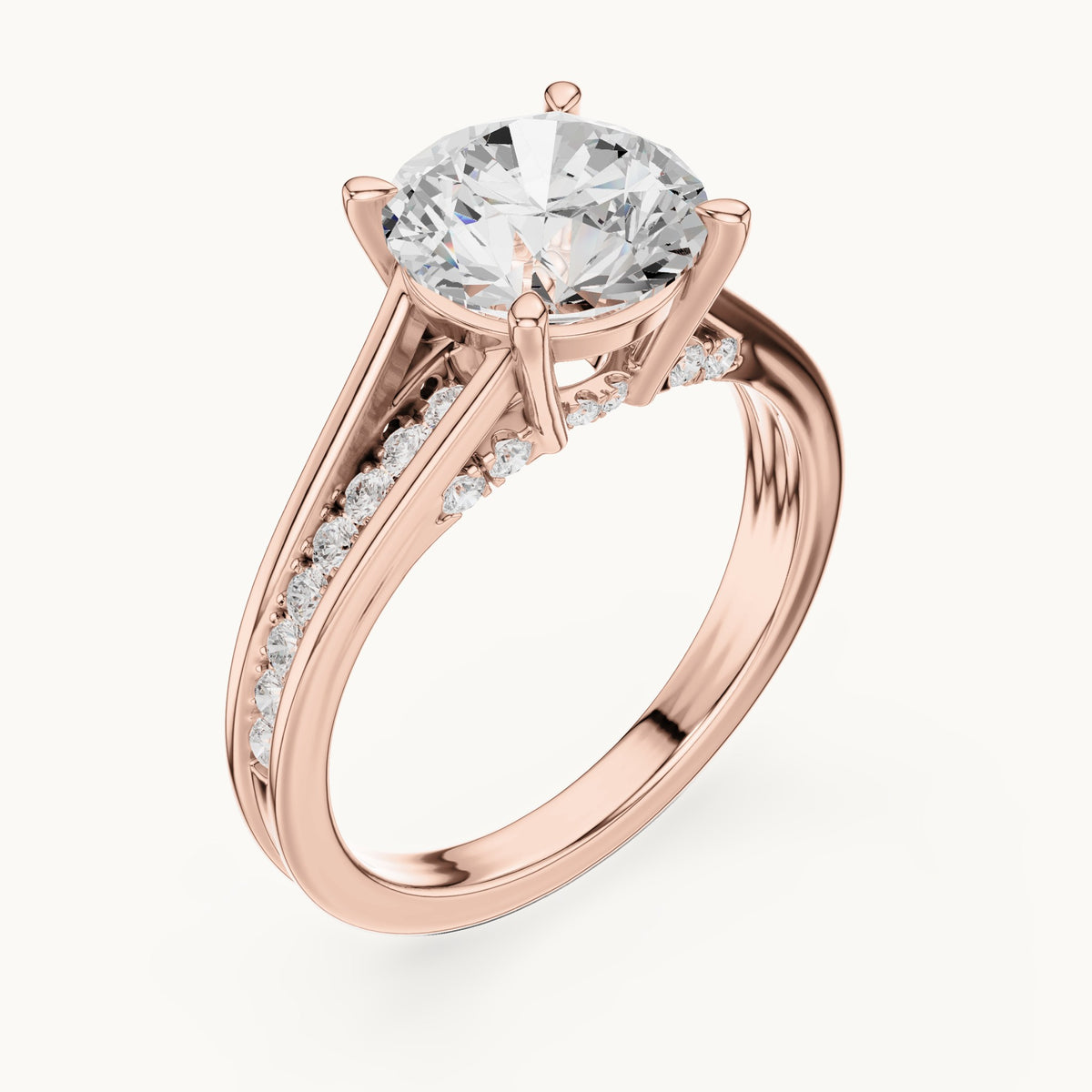 Round lab-grown diamond split shank channel-set engagement ring in rose gold, 2.292 CT TW, view 2