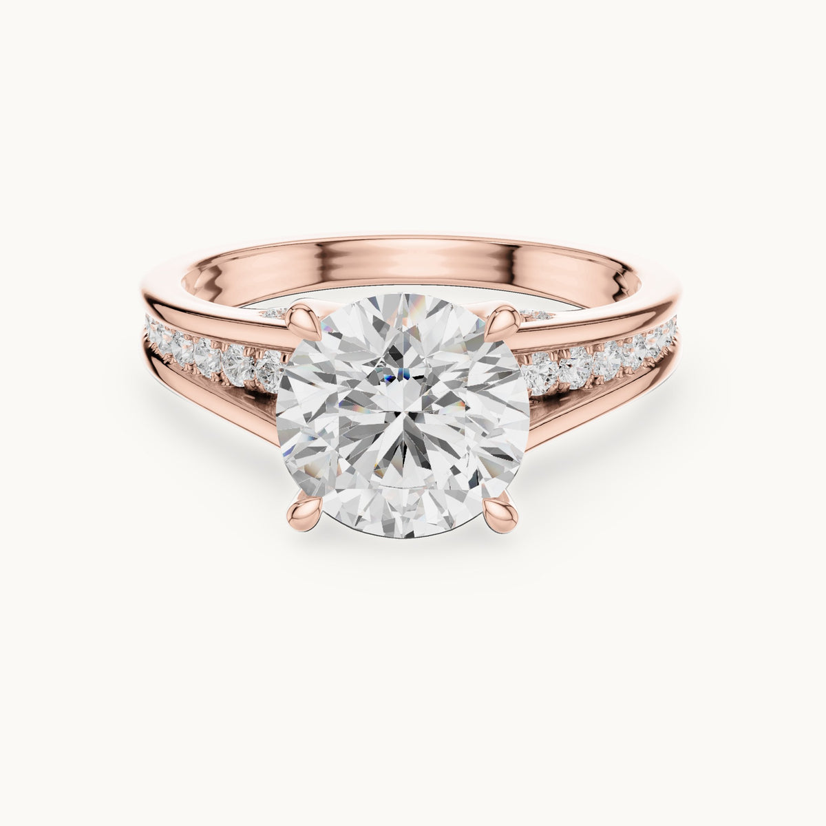 Round lab-grown diamond split shank channel-set engagement ring in rose gold, 2.292 CT TW, view 4