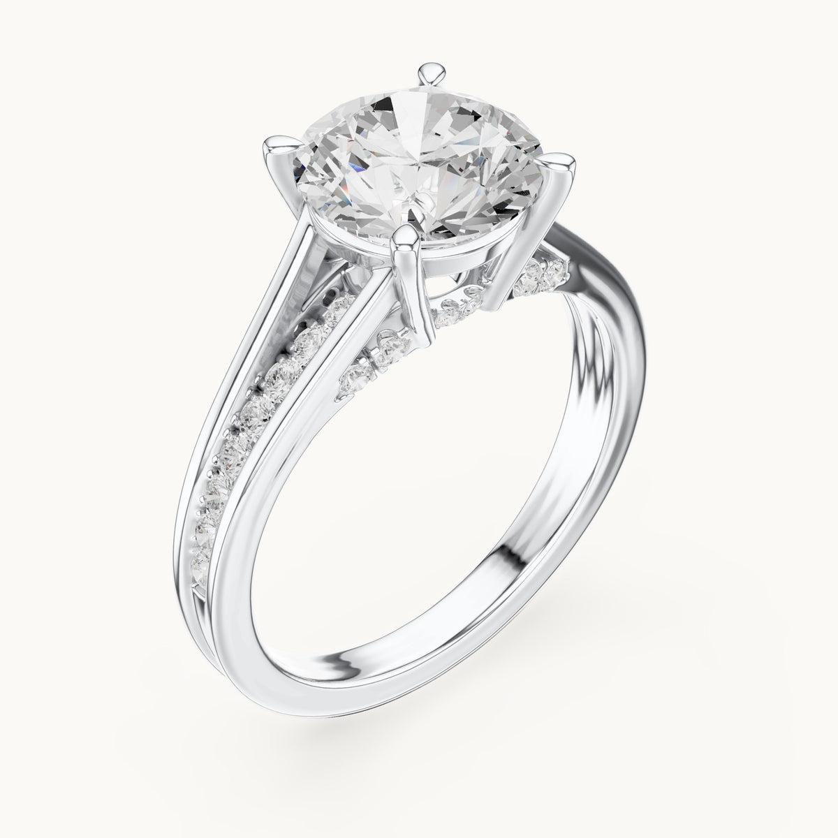 Round lab-grown diamond split shank channel-set engagement ring in white gold, 2.292 CT TW, view 2