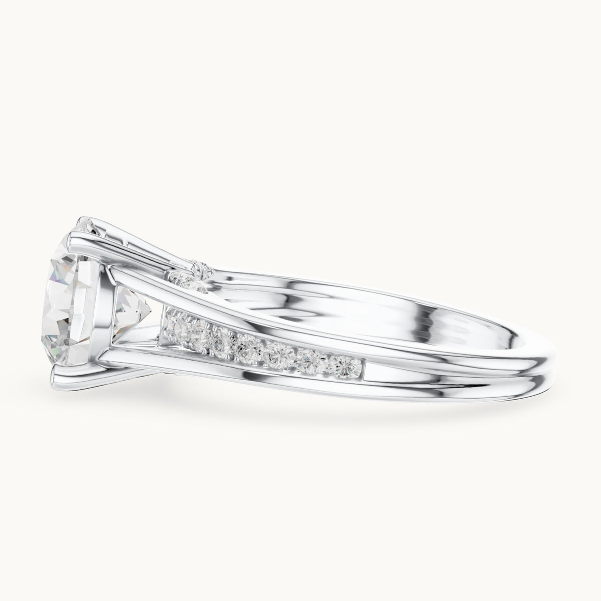 Round lab-grown diamond split shank channel-set engagement ring in white gold, 2.292 CT TW, view 3