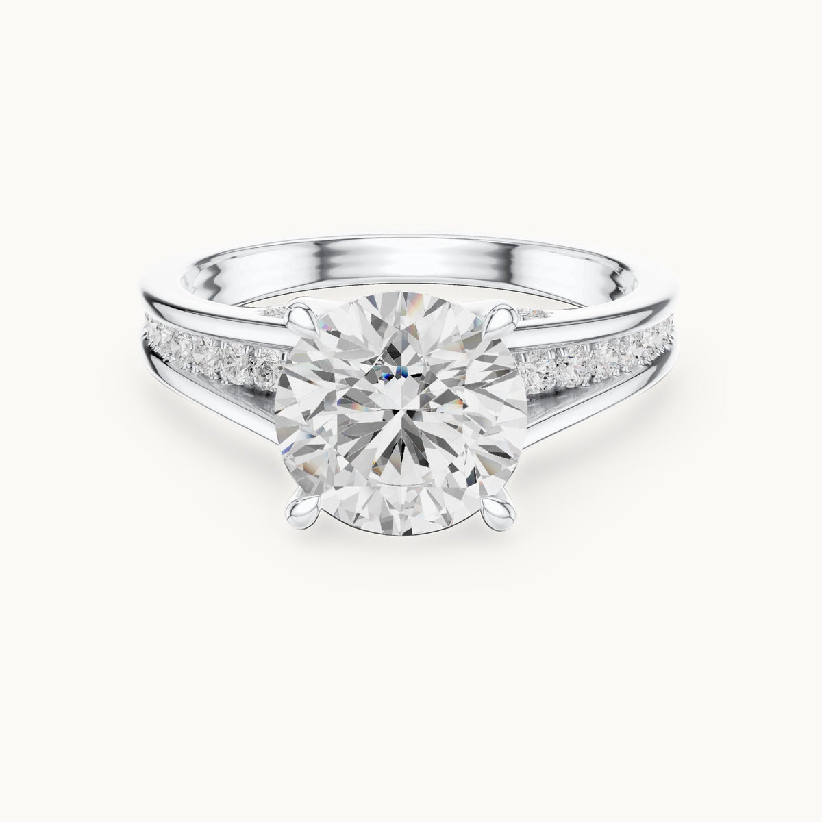 Round lab-grown diamond split shank channel-set engagement ring in white gold, 2.292 CT TW, view 4