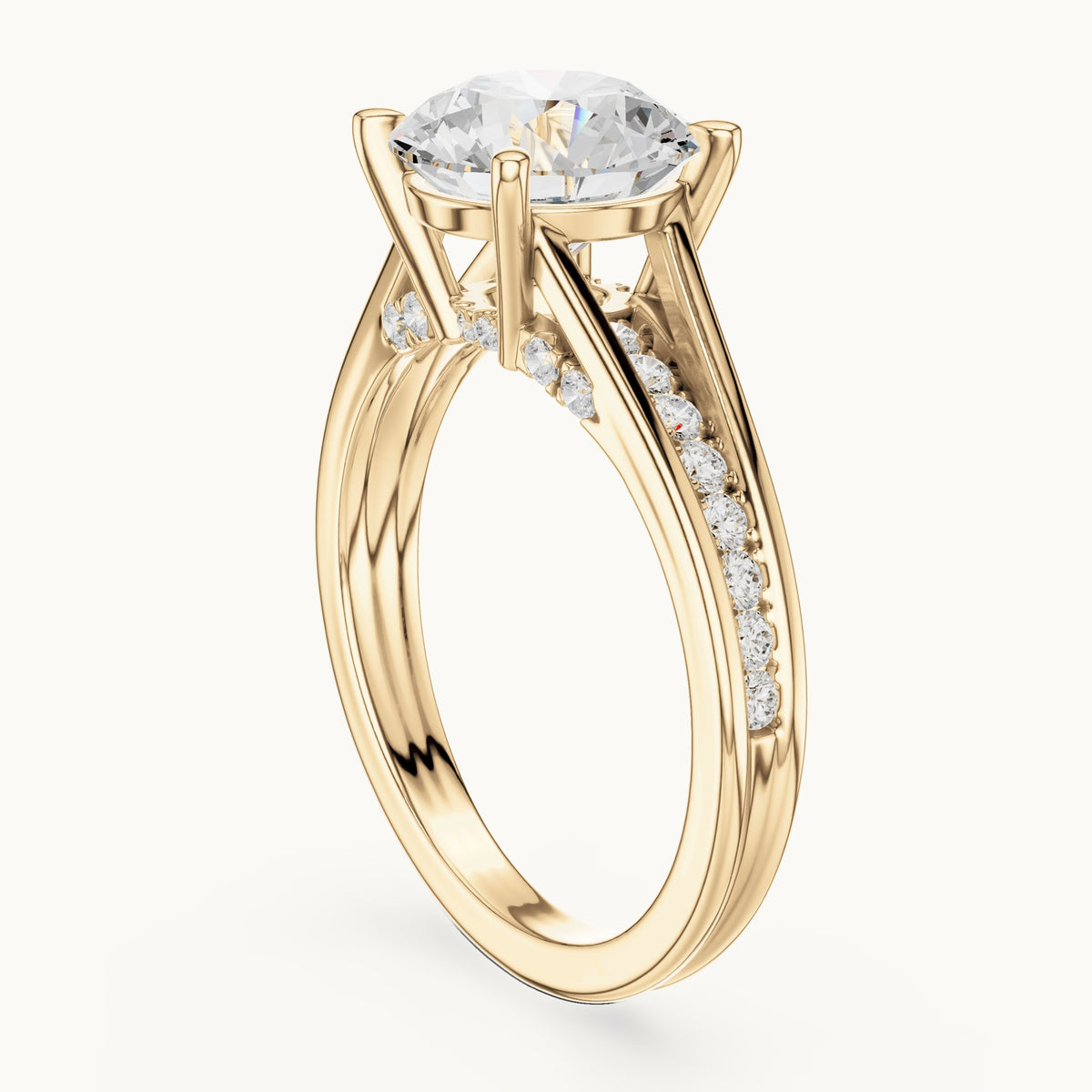 Round lab-grown diamond split shank channel-set engagement ring in yellow gold, 2.292 CT TW, view 1