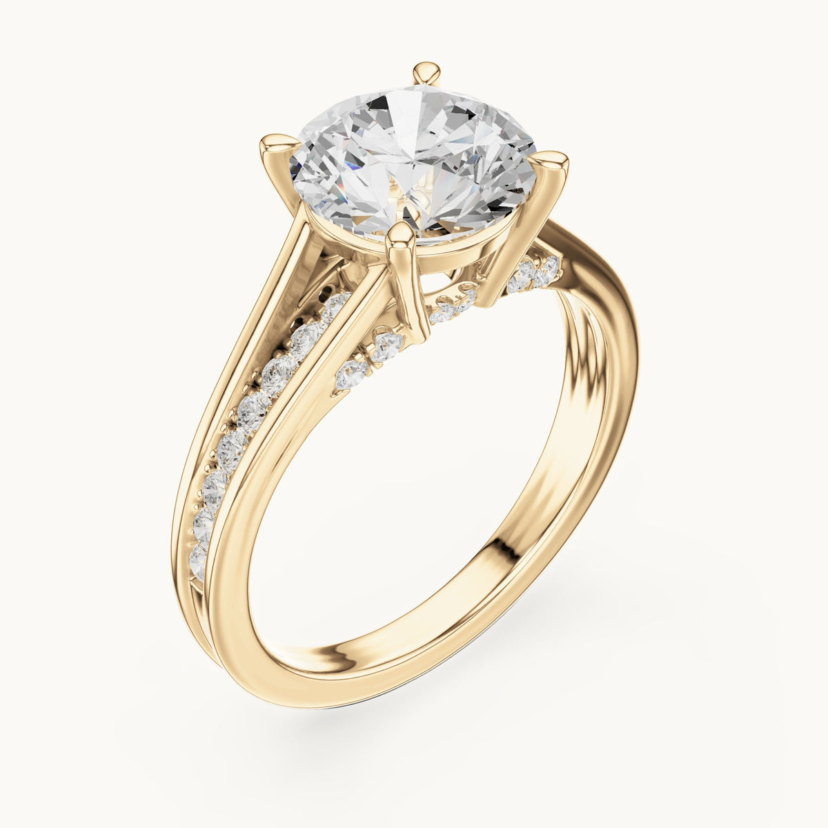 Round lab-grown diamond split shank channel-set engagement ring in yellow gold, 2.292 CT TW, view 2