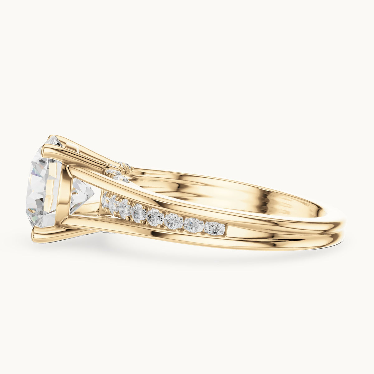 Round lab-grown diamond split shank channel-set engagement ring in yellow gold, 2.292 CT TW, view 3