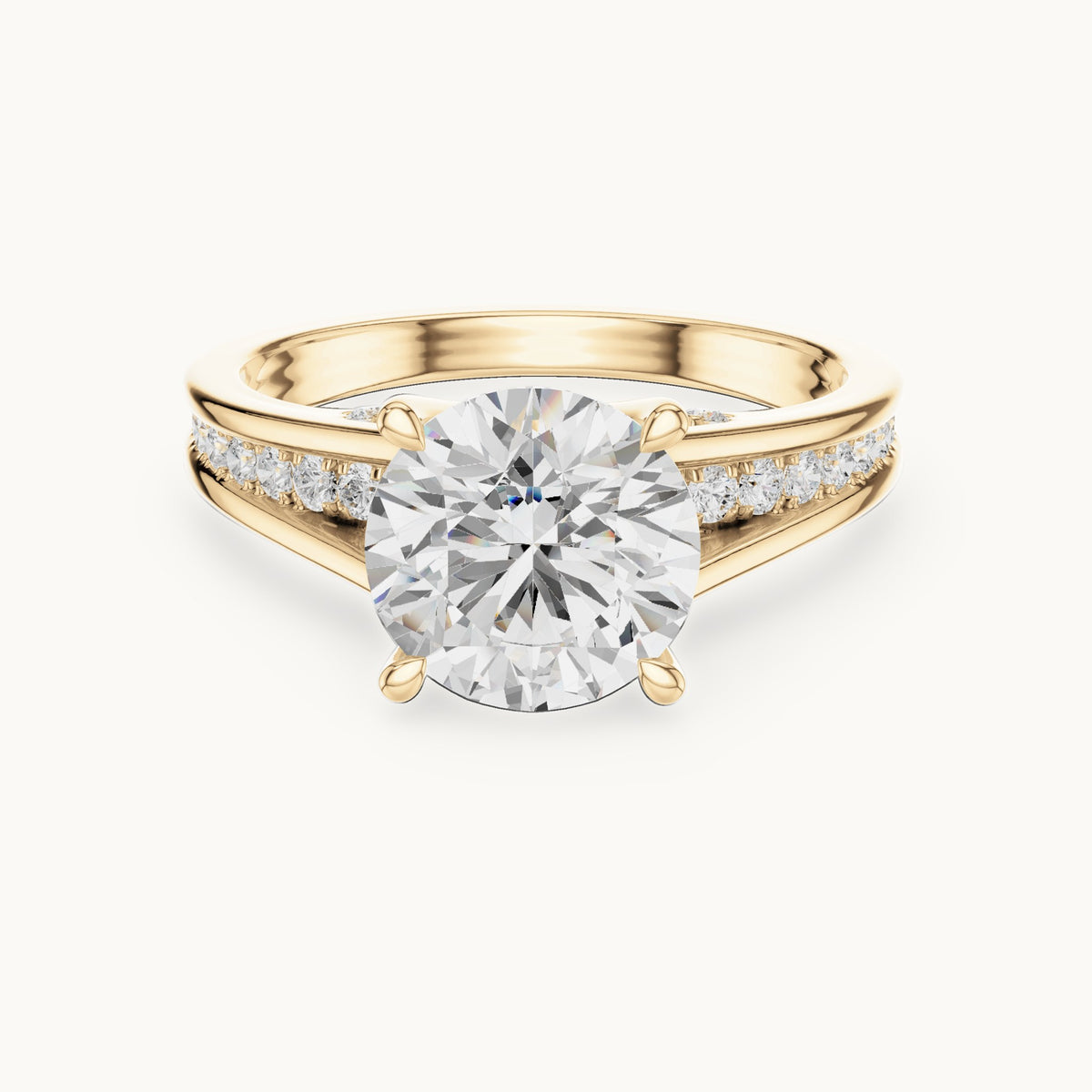 Round lab-grown diamond split shank channel-set engagement ring in yellow gold, 2.292 CT TW, view 4