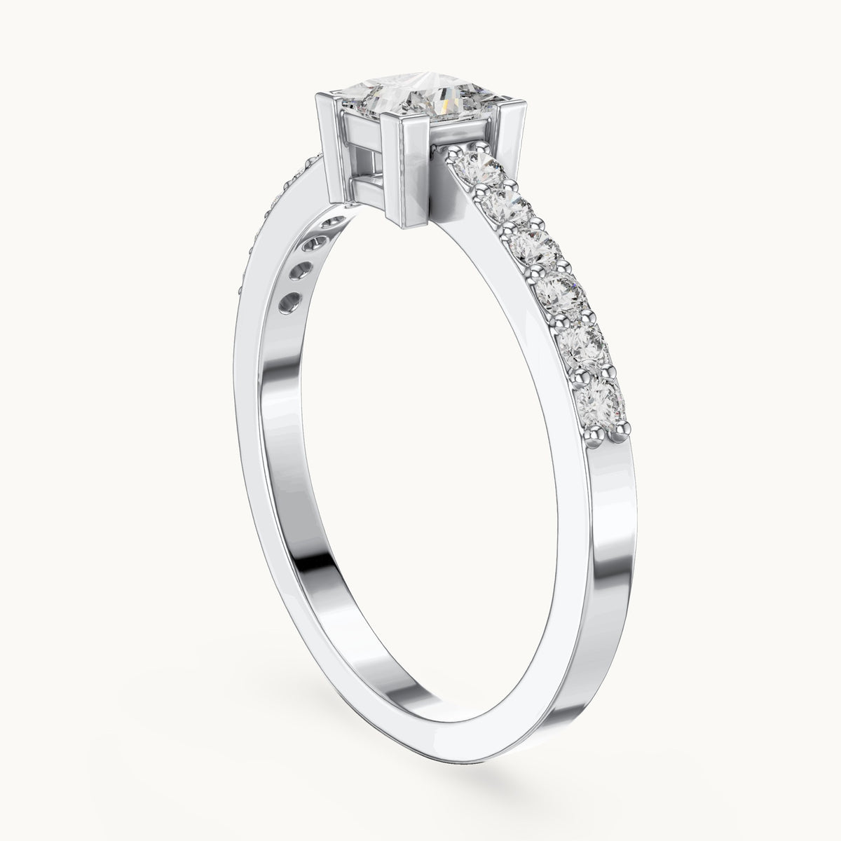 Princess-cut and round lab-grown diamond pavé engagement ring in white gold, 0.58 CT TW, view 1
