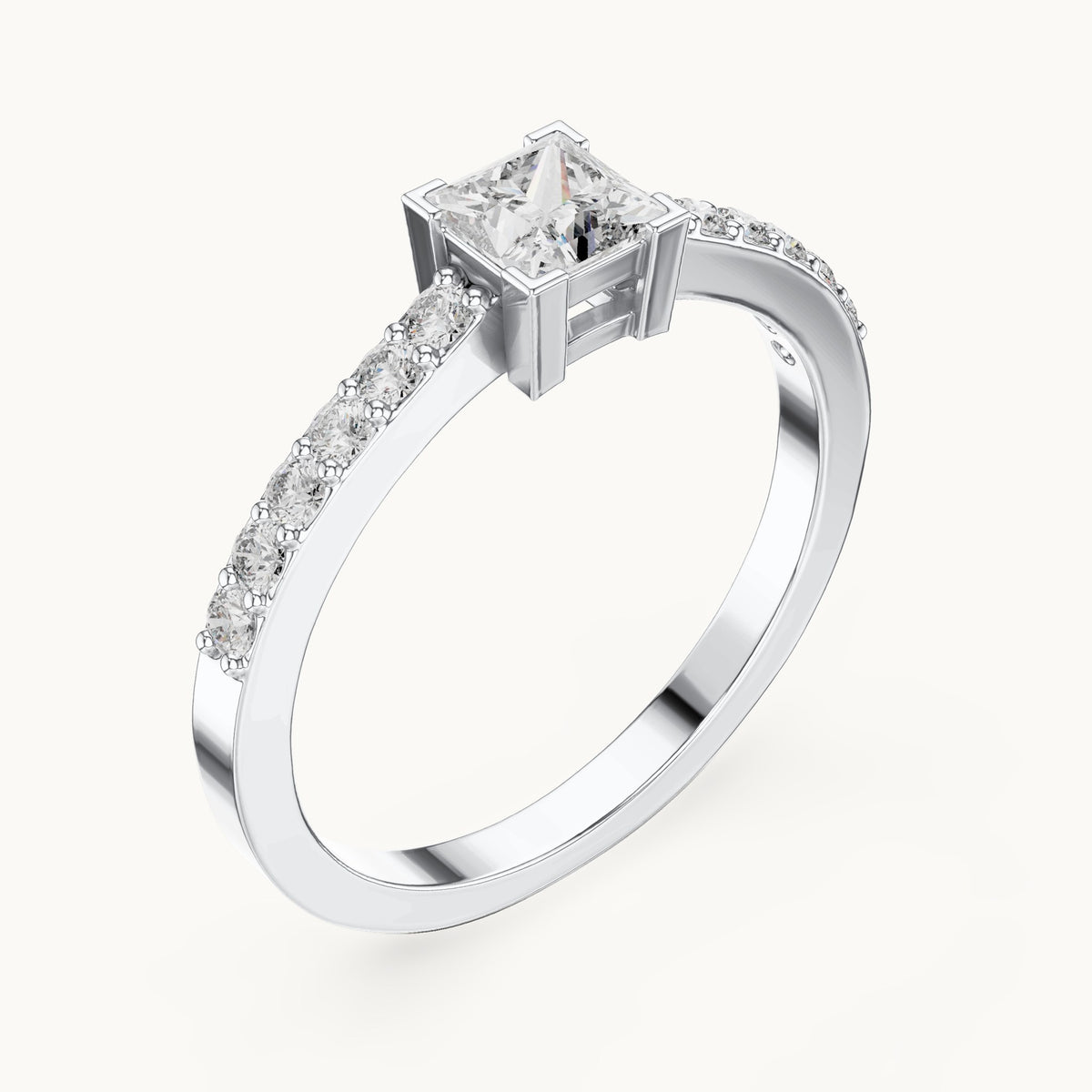 Princess-cut and round lab-grown diamond pavé engagement ring in white gold, 0.58 CT TW, view 2