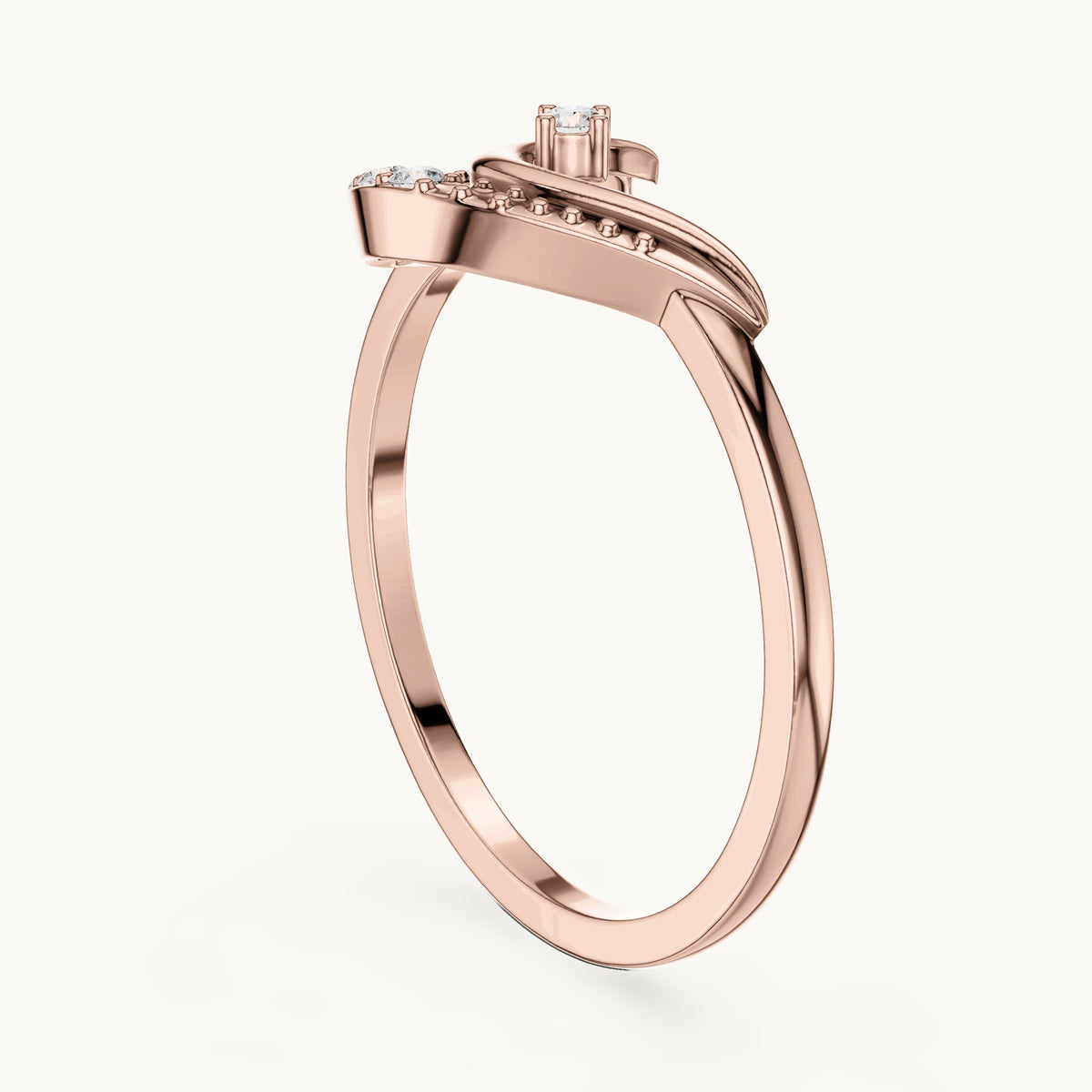Round lab-grown diamond crescent moon swirl ring in rose gold, 0.087 CT TW, view 1