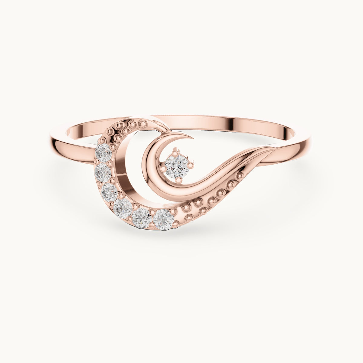 Round lab-grown diamond crescent moon swirl ring in rose gold, 0.087 CT TW, view 4