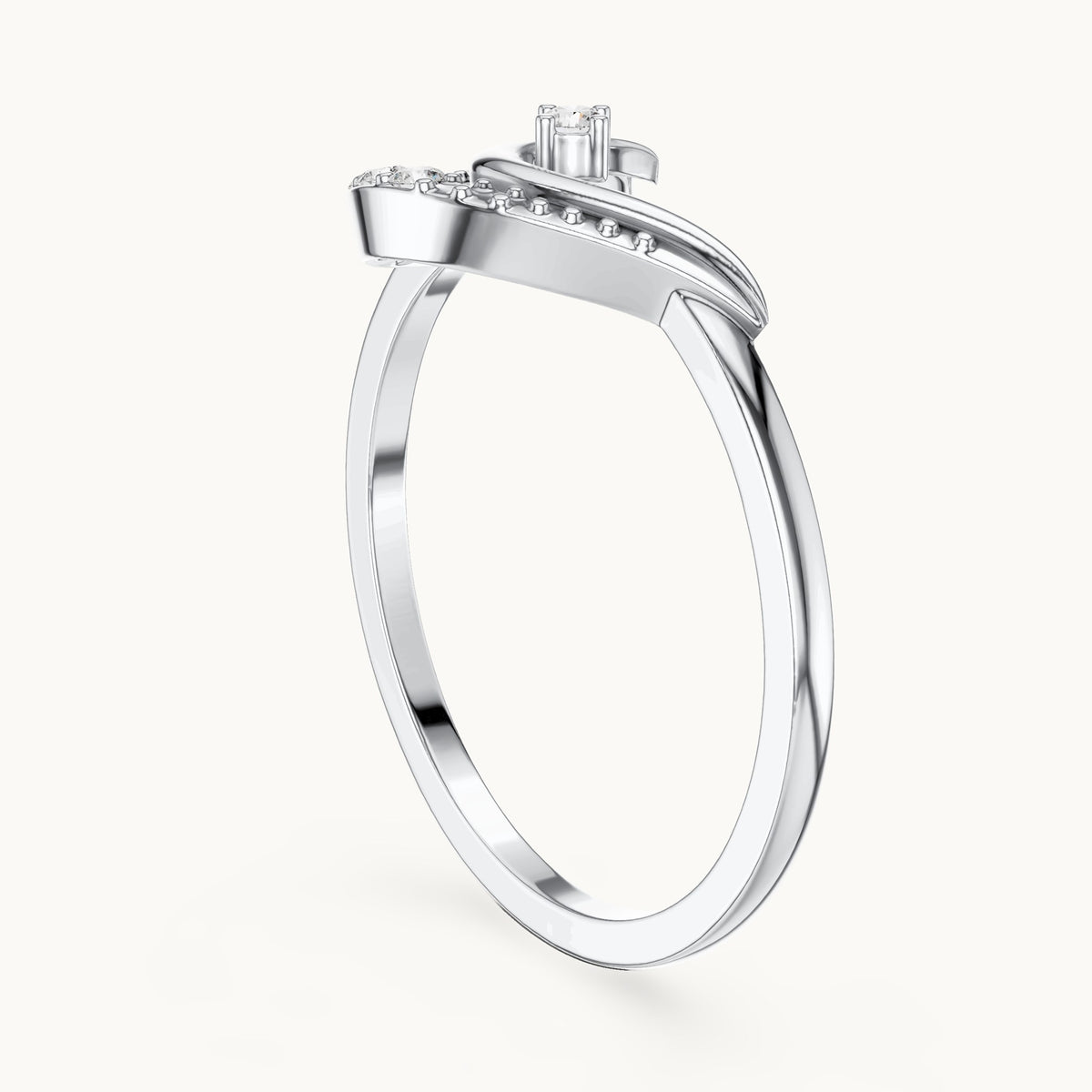 Round lab-grown diamond crescent moon swirl ring in white gold, 0.087 CT TW, view 1