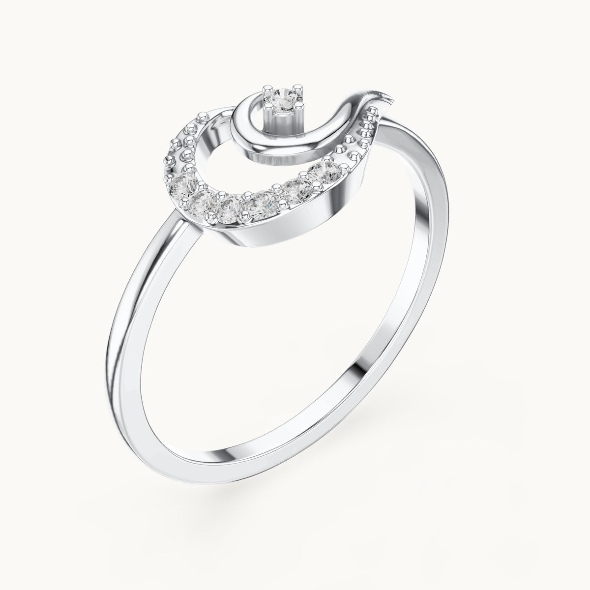 Round lab-grown diamond crescent moon swirl ring in white gold, 0.087 CT TW, view 2