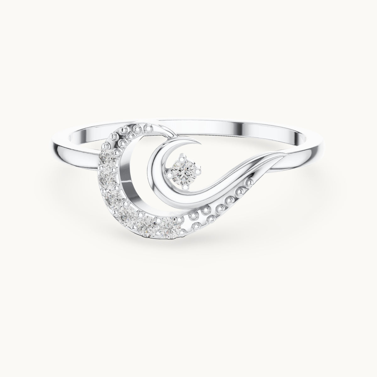 Round lab-grown diamond crescent moon swirl ring in white gold, 0.087 CT TW, view 4