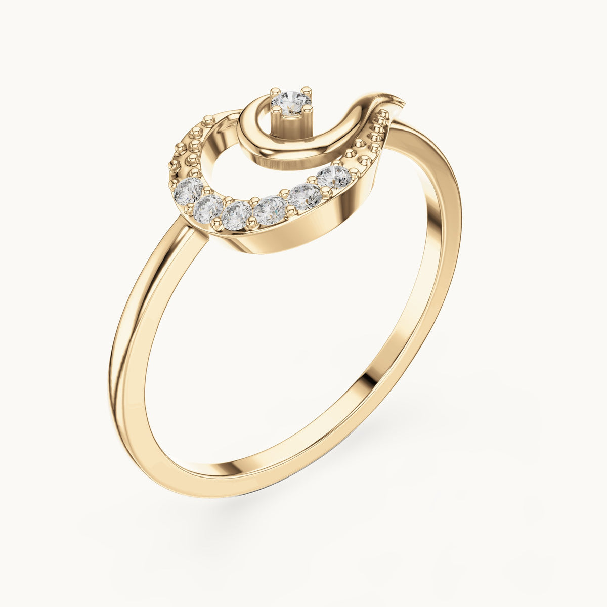 Round lab-grown diamond crescent moon swirl ring in yellow gold, 0.087 CT TW, view 2