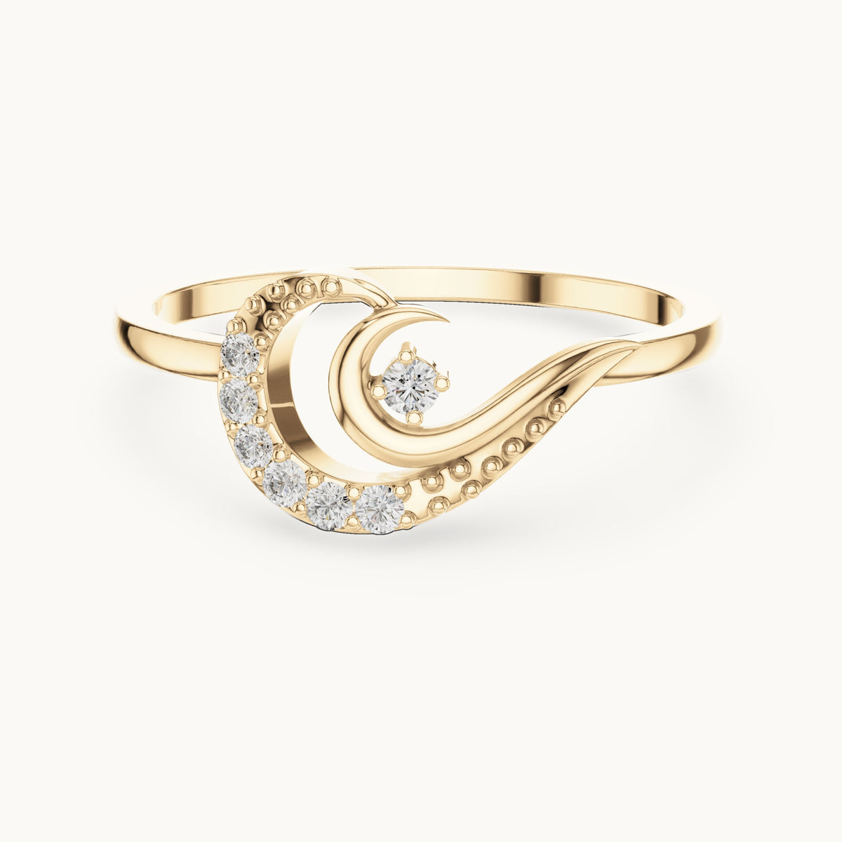 Round lab-grown diamond crescent moon swirl ring in yellow gold, 0.087 CT TW, view 4