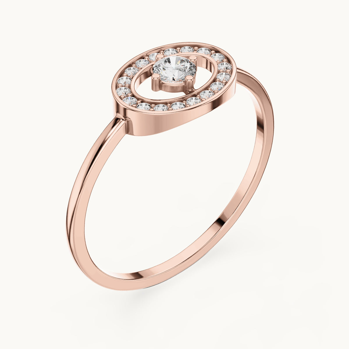 Round lab-grown diamond floating solitaire oval frame ring in rose gold, 0.18 CT TW, view 2